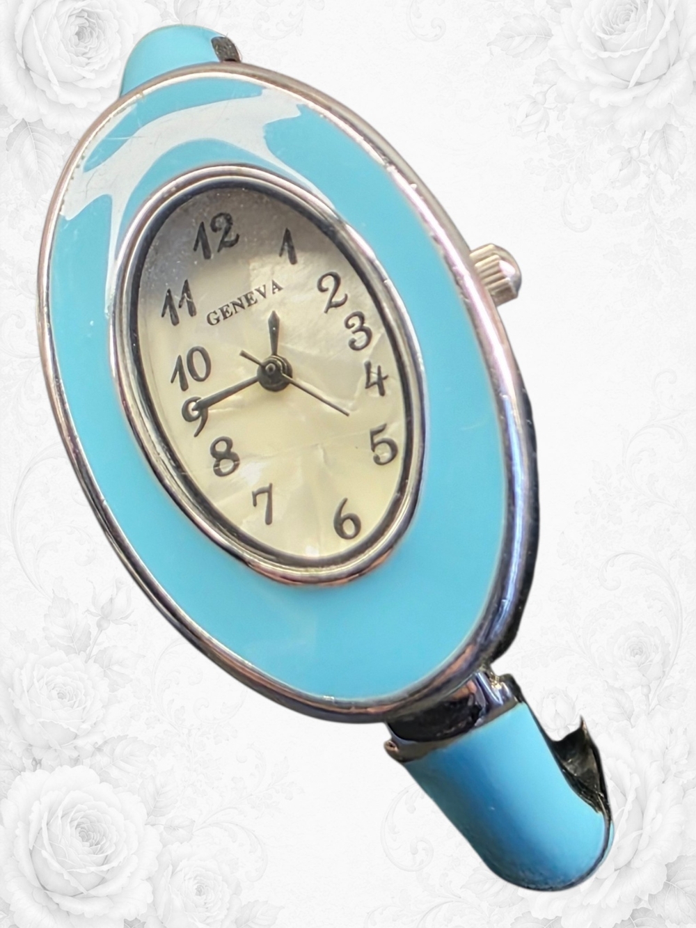 Geneva Turquoise Enamel Oval Cuff Watch Silver Tone Hinged Bangle New Battery